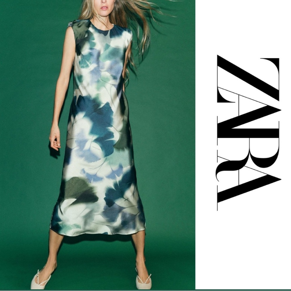 ZARA PRINTED Blue Teal Green Floral satin silk effect MIDI MAXI Dress S